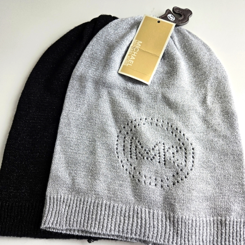 Michael Kors, Beanie Hats, Black and Silver, New With Tags